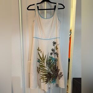 LOFT Cream Midi Dress with Blue and Brown Floral Accents